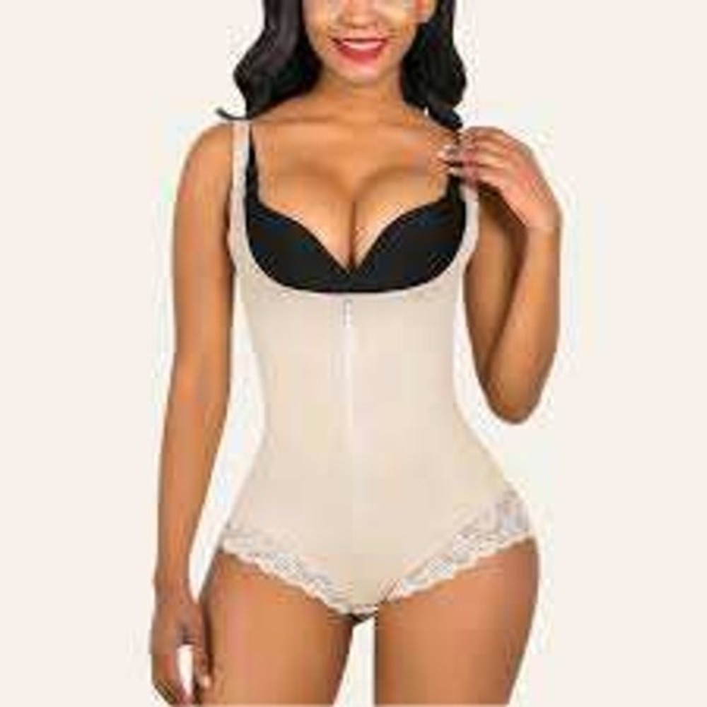 SHAPERX Colombian Firm Tummy Control Faja Beige Lace Bodysuit Shapewear sz L